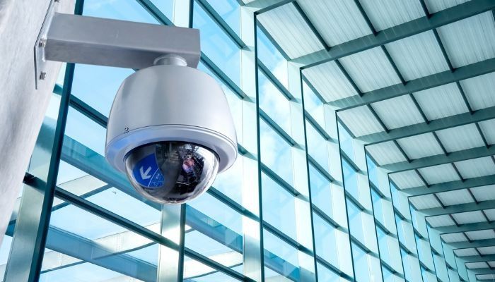 Dome security camera on a commercial building