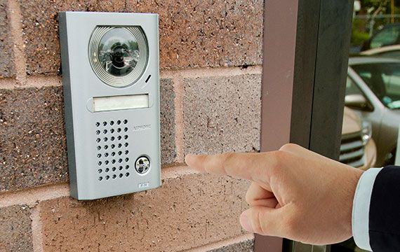 Outdoor intercom unit at a building entrance